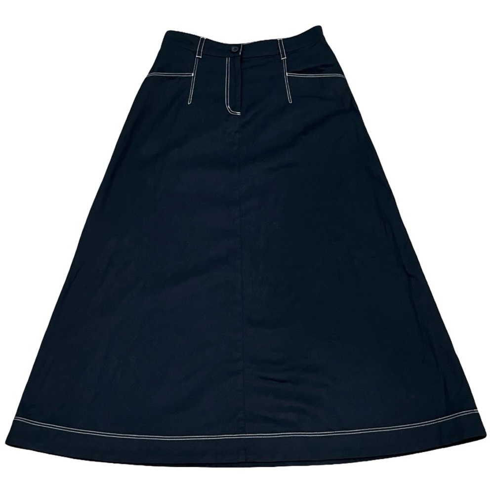 Cotton Navy Maxi A-Line Skirt Elegant Old Money Office Preppy - Picture 2 of 9
